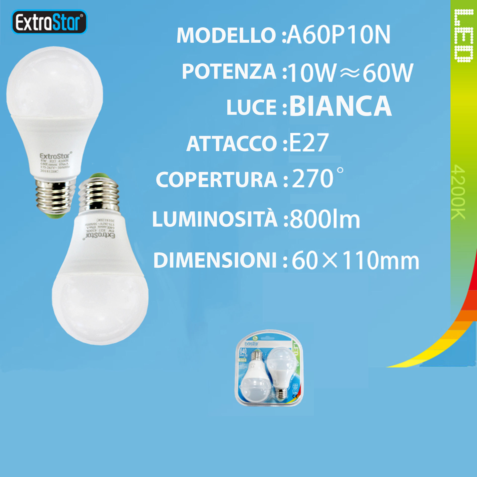 LAMPADINA LED E27 10W 800LM 4200K  2PZExtrastar