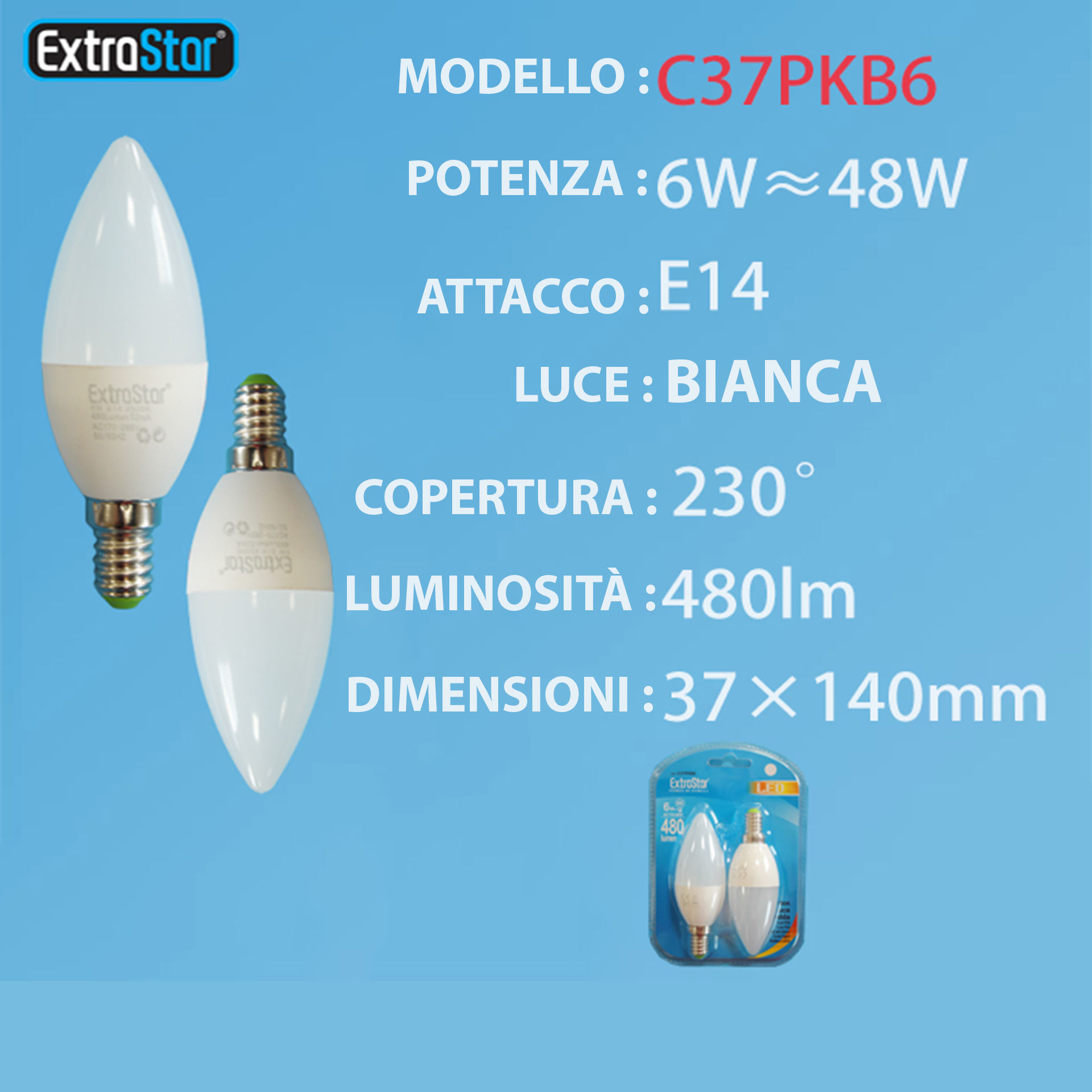 LAMPADINA LED E14 6W 480LM  2PZ LUCE FREDDAExtrastar