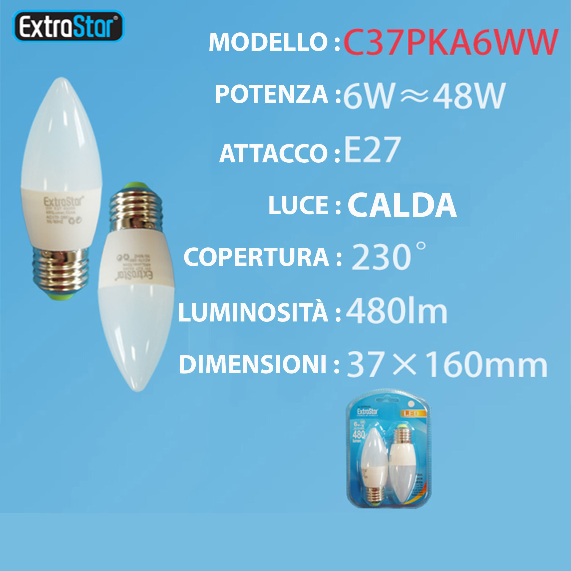 LAMPADINA LED E27 6W 480LM  2PZ LUCE CALDAExtrastar