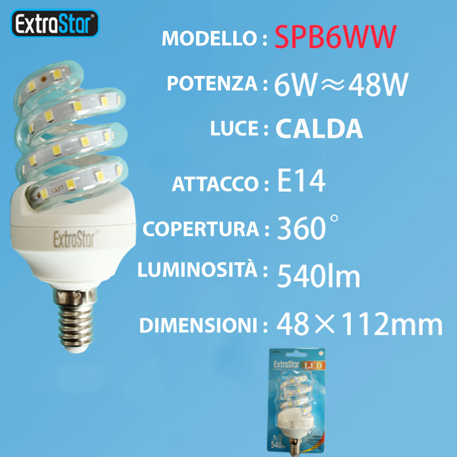 LAMPADINA LED SPIRALE E14 6W 540LM LUCE CALDAExtrastar