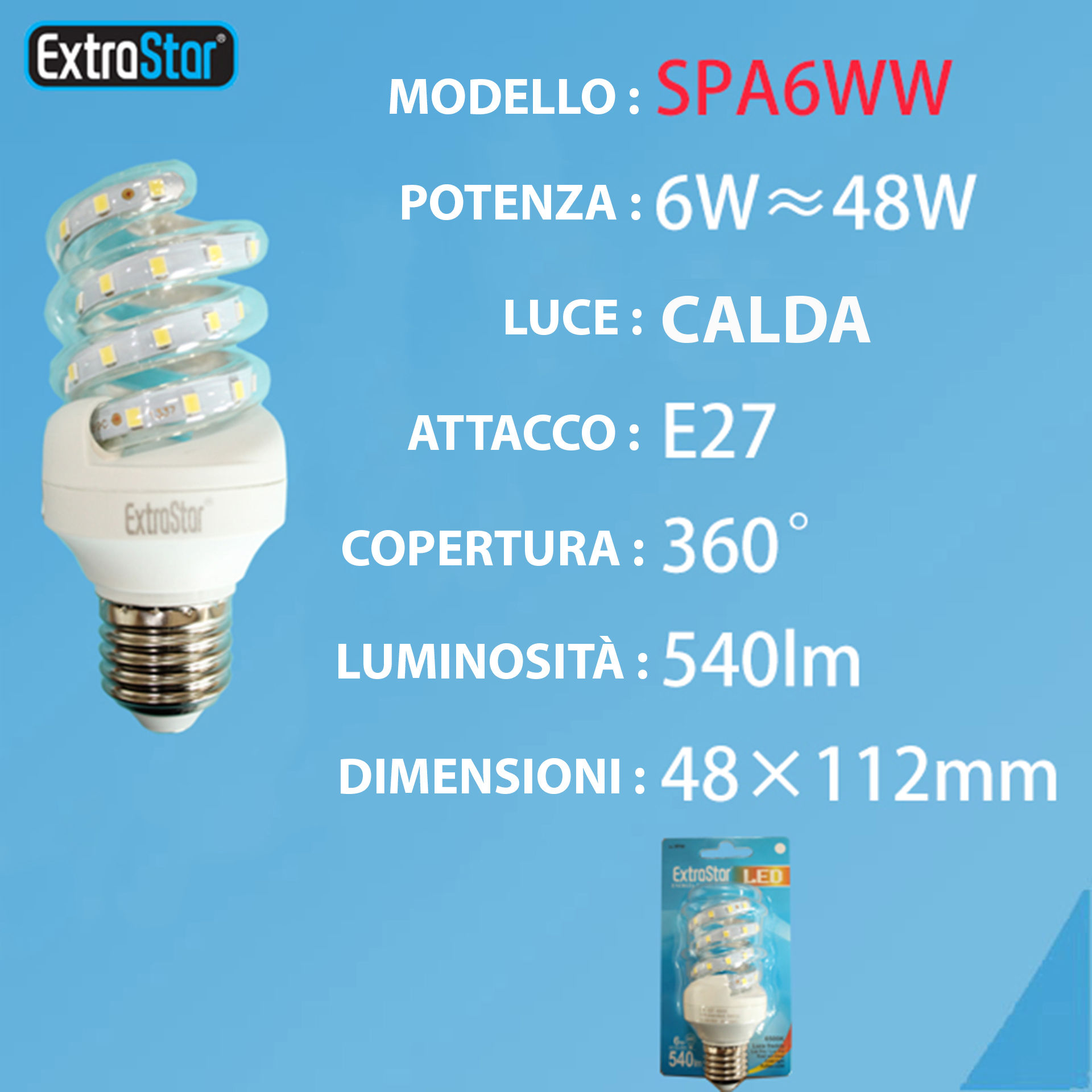 LAMPADINA LED SPIRALE E27 6W 540LM LUCE CALDAExtrastar