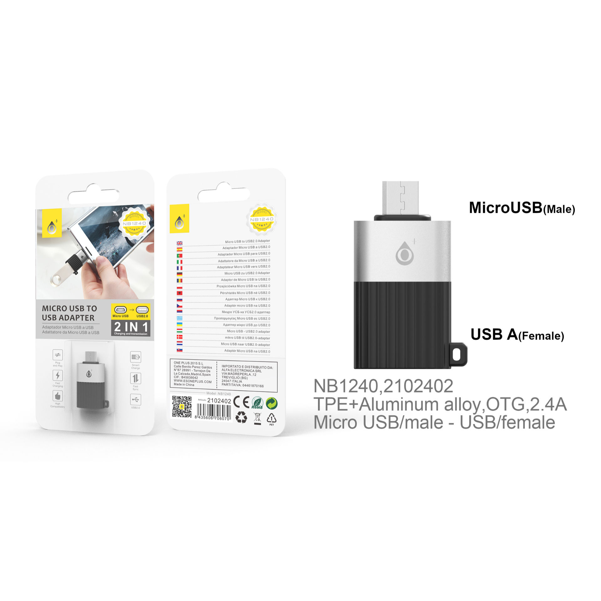 ONEPLUS NB1240 ADATTATORE OTG DA MICRO USB A USB 2.4A NEROOne Plus