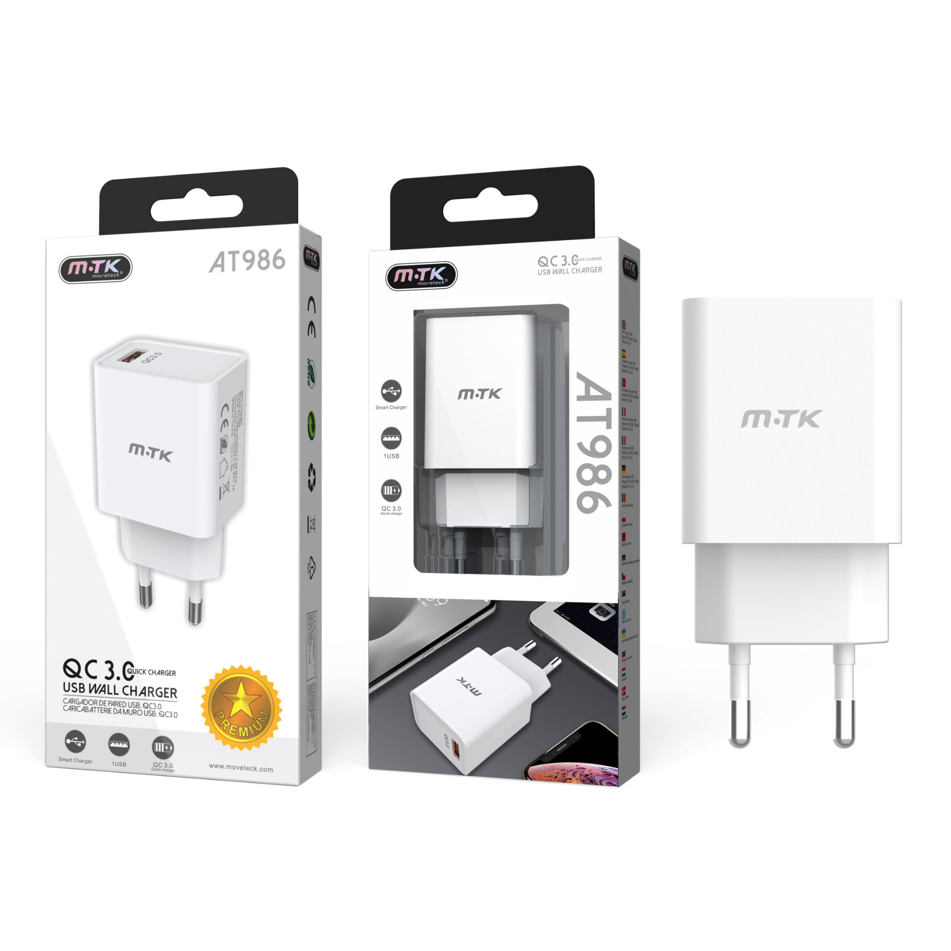 MTK CARICATORE RAPIDO USB A MURO QC 3.0, BIANCO